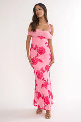 Fleurie Halter Off-Shoulder Maxi Dress Embellished Pink