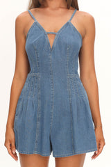 Quira Pintuck Pleat Mini Romper Denim Blue