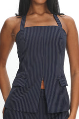 Renee Front Zip Halter Top Pinstripe Navy