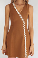 Make You Mine V-Neck Ric-Rac Mini Dress Brown