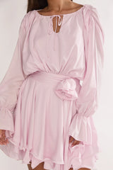 Maeva Long Balloon Sleeve Rosette Mini Dress Baby Pink