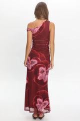 Gala Asymmetric Neckline Maxi Dress Floral Wine
