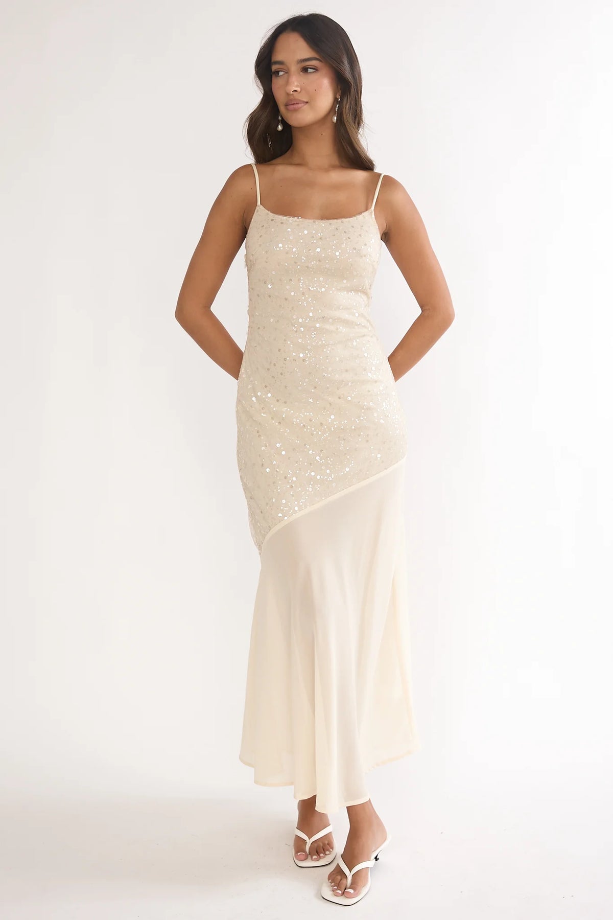Gilded Dream Chiffon Hem Maxi Dress Sequin Oyster