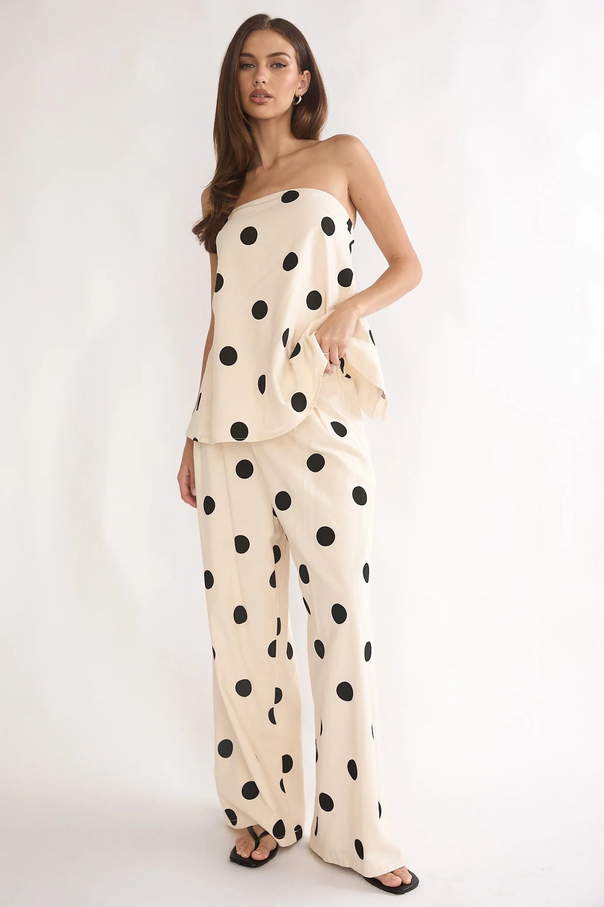 Loraya Wide Leg Pleat Pants Polka Dot Beige/Black
