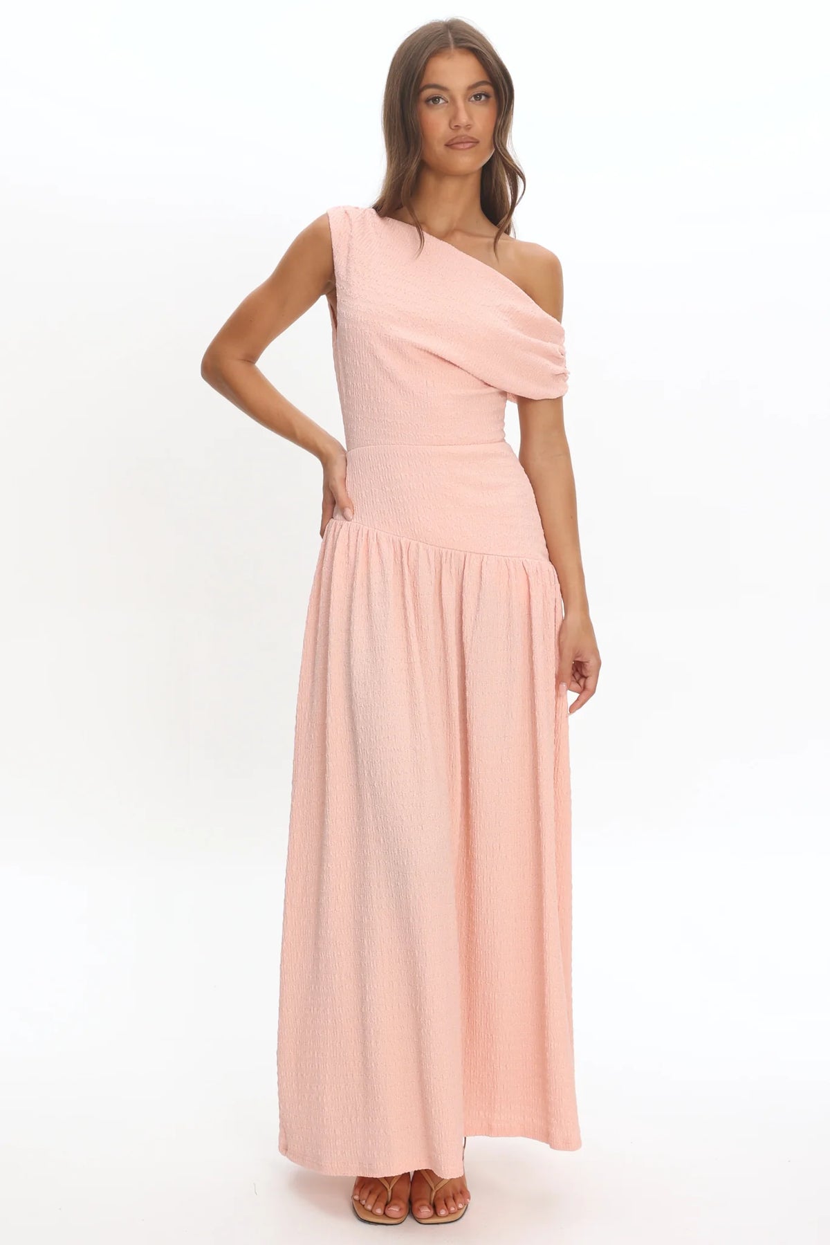 Kloe Asymmetric Shoulder Textured Maxi Dress Peach