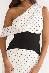 Milos Asymmetric Neckline Maxi Dress Polka Dot Brown