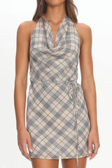 LIONESS Banks Halter Mini Dress Beige Plaid