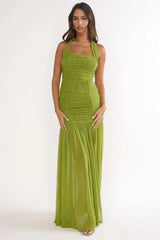Galinda Ruched Bodice Halterneck Maxi Dress Olive