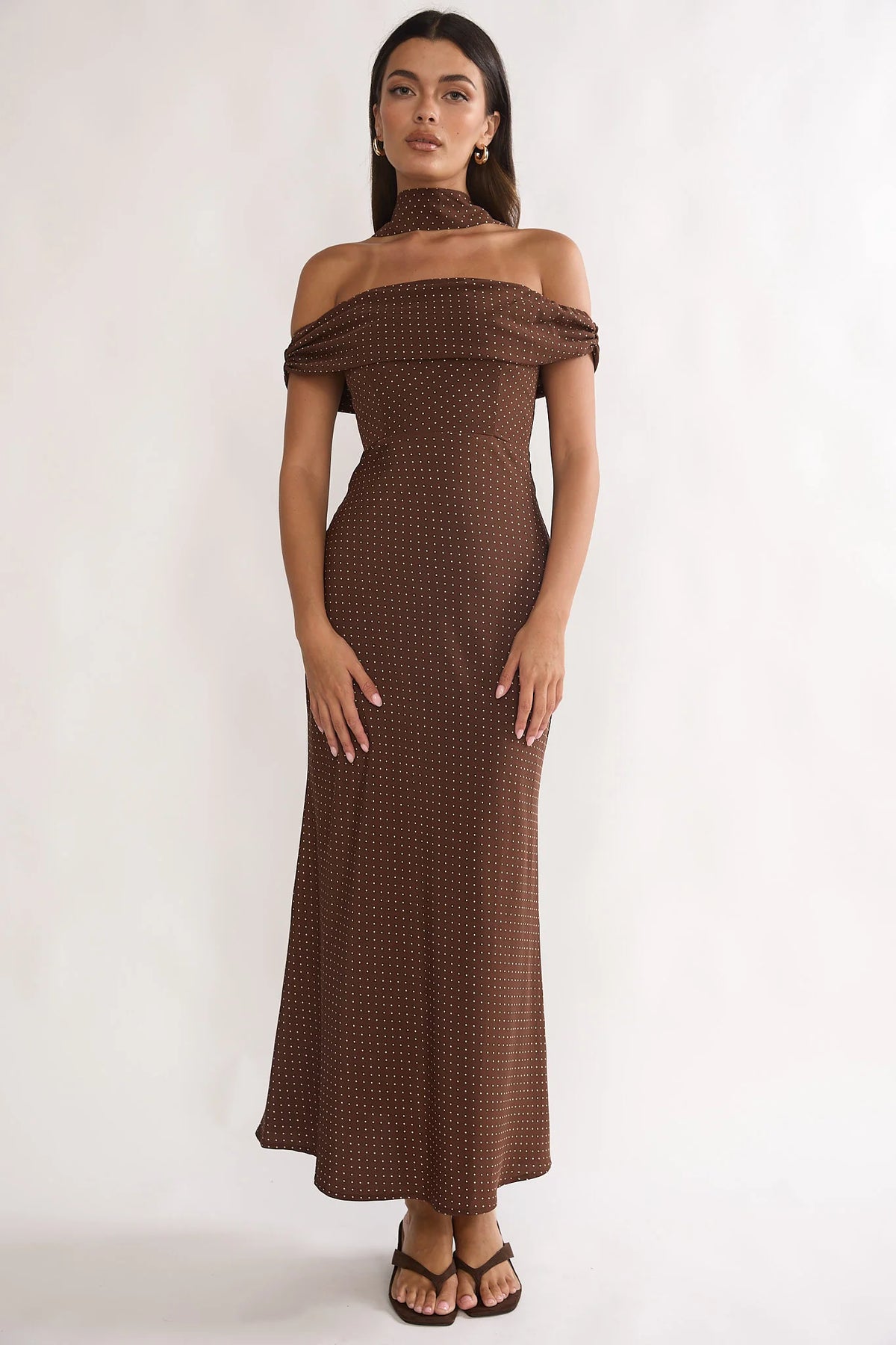 Alissa Off-Shoulder Maxi Dress Polka Dot Chocolate