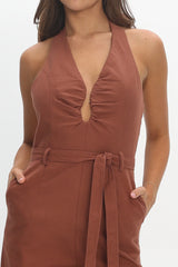 Lioren Plunging Halterneck Jumpsuit Chocolate