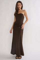 Klaudia Strapless Ruched Waist Maxi Dress Chocolate