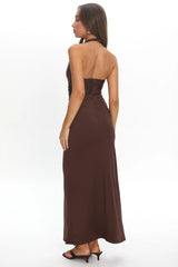 Mixed Feelings Ruched Bodice Halter Maxi Dress Chocolate