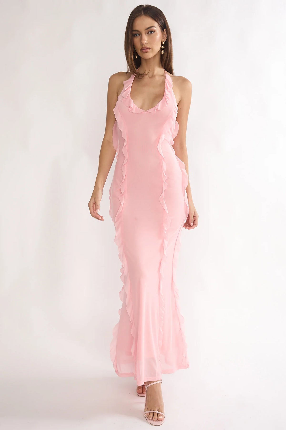 Collins Halter Ruffle Trim Maxi Dress Pink