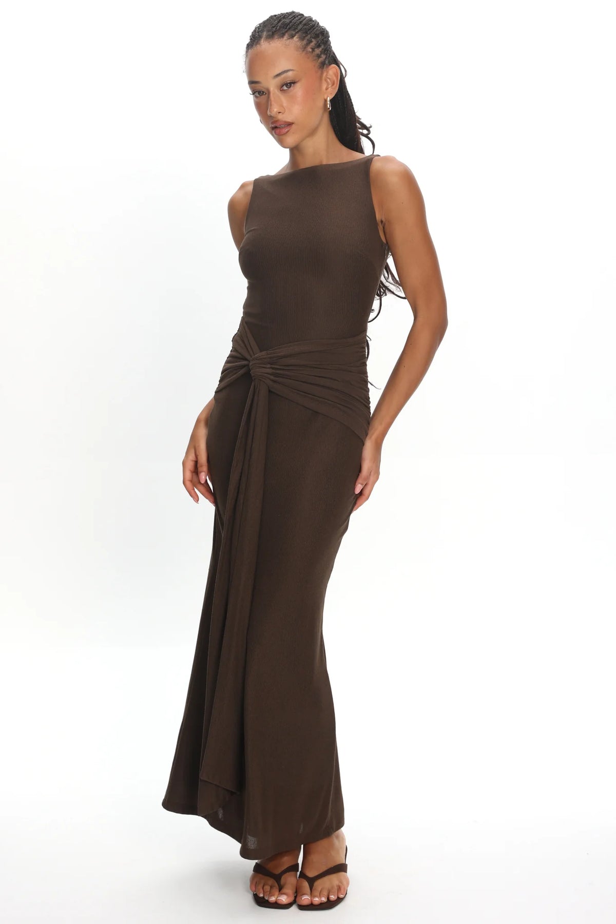 Luli Boat Neck Sash Maxi Dress Chocolate