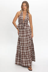Admire Tie Front Halter Top Plaid Chocolate