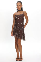 Anaisa Asymmetric Hem Mini Dress Polka Dot Chocolate