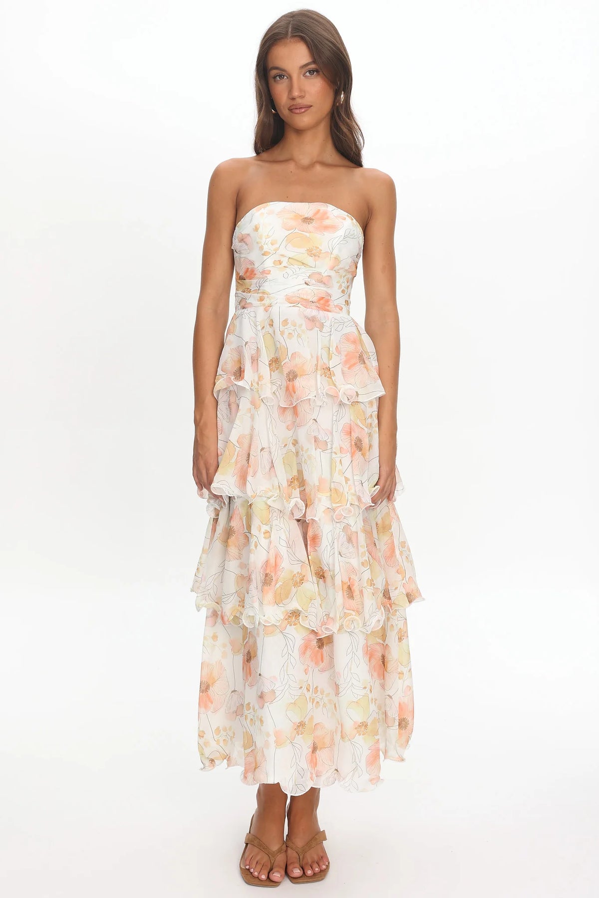 Giavana Strapless Layered Midi Dress Floral Beige