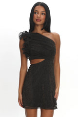 Deanna One-Shoulder Ruffle Mini Dress Glitter Black