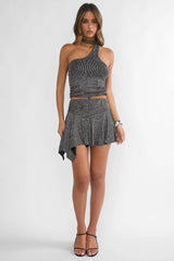 Vespera Asymmetric Hem Mini Skirt Silver Black