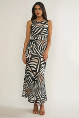 Floating Tied Low Back Maxi Dress Print Black/White